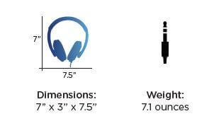 Dimensions and weight of ThinkWrite TW200 headphones: 7' x 3' x 7.5', 7.1 ounces, ideal for bulk school headphone packs.